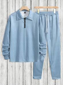 Manfinity Homme Uomo T-shirt A Righe A Mezza Zip E Pantaloni Con Coulisse In Vita