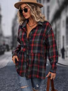 SHEIN LUNE 女式翻領格紋落肩長袖襯衫(荷葉邊下擺) - 彩色 - 查看 7