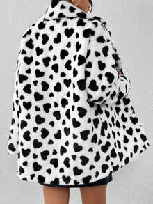 SHEIN Essnce Hình trái tim Mở Mặt trước Áo khoác Teddy - Đen và trắng - Xem 2