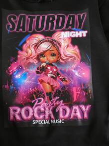 SHEIN 女大童2入組字母人物圖案加絨內裏連帽衫 - 黑色 - 查看 3