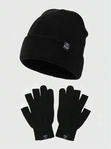 Prismatic Plum Label Detail Knit Beanie With Touch Screen Phone Gloves - Black - View 1