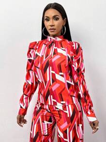 VaVaBold Geo Print Mock Neck Puff Sleeve Blouse