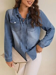 SHEIN LUNE Camisa mezclilla con cordón delantero con bolsillo con solapa - Azul - Ver 5