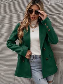 SHEIN Clasi 素色雙排釦西裝領西裝外套 - 綠色 - 查看 3