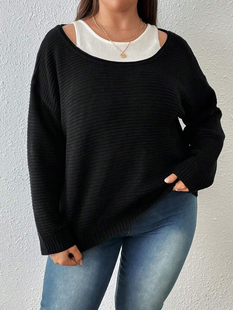 Plus Two Tone Drop Shoulder 2 In 1 Sweater