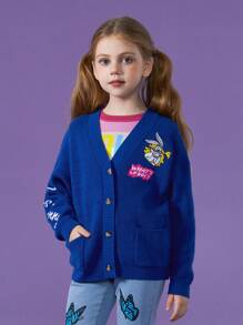 LOONEY TUNES X SHEIN Tween 女孩字母和卡通刺繡雙口袋落肩開襟衫 - 藍色 - 查看 5