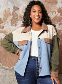 SHEIN CURVE+ 大碼撞色落肩袖燈芯絨襯衫 - 彩色 - 查看 1