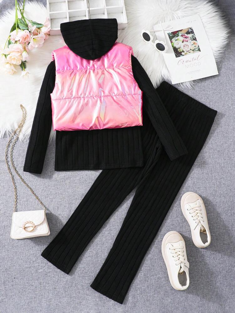 Tween Girl 1pc Solid Vest Jacket & Hoodie & 1pc Pants