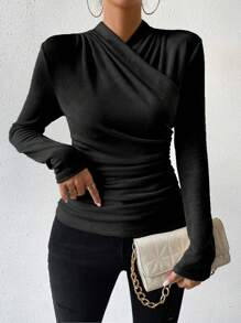 Chiquease Solid Surplice Neck Ruched Side Tee