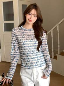 DAZY Của phụ nữ Hình trái tim In Lưới mỏng Áo - Màu xanh lam - Xem 6