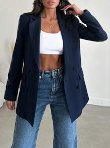 EURMUSE Lapel Collar Double-breasted Suit Jacket - Navy Blue - View 4