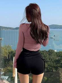 DAZY Áo thun ngắn tay màu trơn ôm sát, cài khuy một hàng, áo dài tay mùa thu. - Bụi hồng - Xem 2