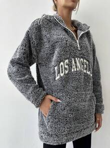 EURMUSE Letter Embroidery Kangaroo Pocket Drop Shoulder Drawstring Teddy Hoodie - Grey - View 5