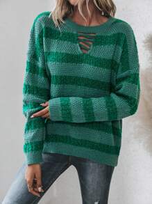 SHEIN LUNE Striped Pattern Crisscross Cut Out Front Drop Shoulder Sweater Knit Pullover Fall Winter Outfit