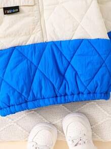 Baby Boy Two Tone Letter Patched Detail Half Zip Hooded Quilted Coat