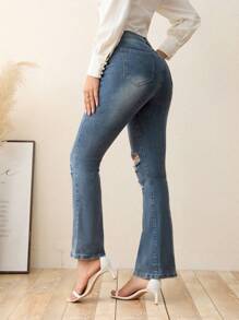 SHEIN LUNE Button Fly Ripped Flare Leg Jeans