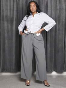 SHEIN SXY Plus Contrast Panel Plicated Detail Wide Leg Suit Pants