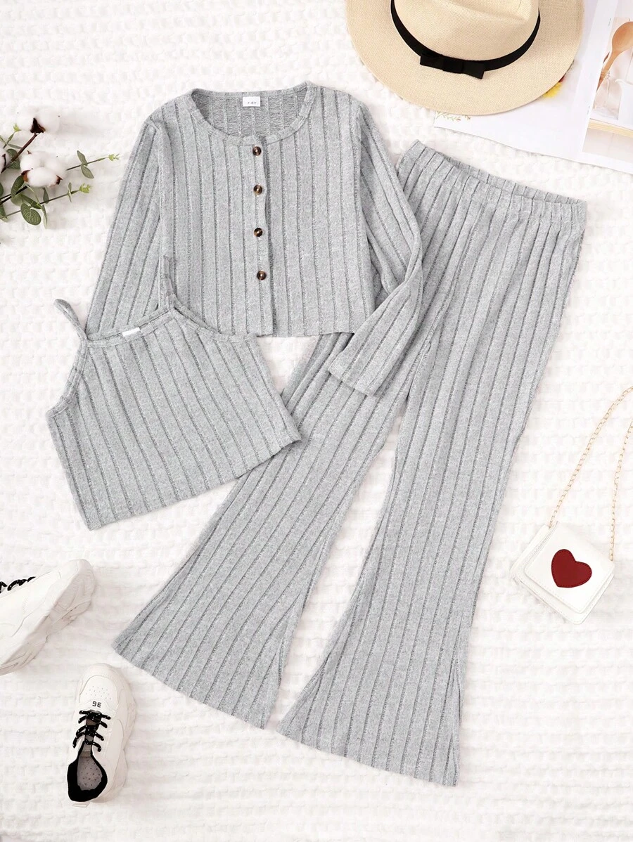 Cami Top Y Pantalón Acampanado De Tejido De Punto Acanalado Tween Girl & Cárdigan De Punto - Gris - Ver 1