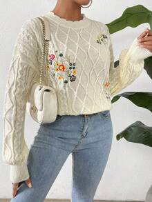 SHEIN VCAY Thêu hoa Xoắn Dan Thả vai Áo len - Màu be - Xem 7