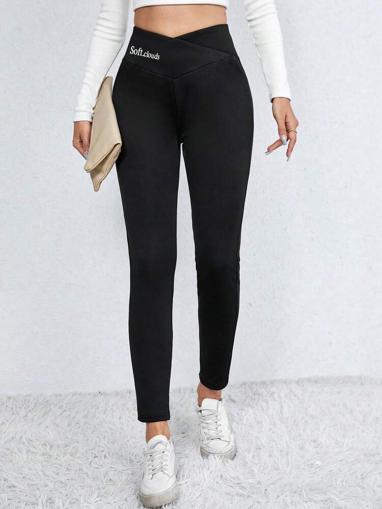 SHEIN Essnce Legging À Lettres Taille Asymétrique À Doublure Thermique - Noir - Voir 4