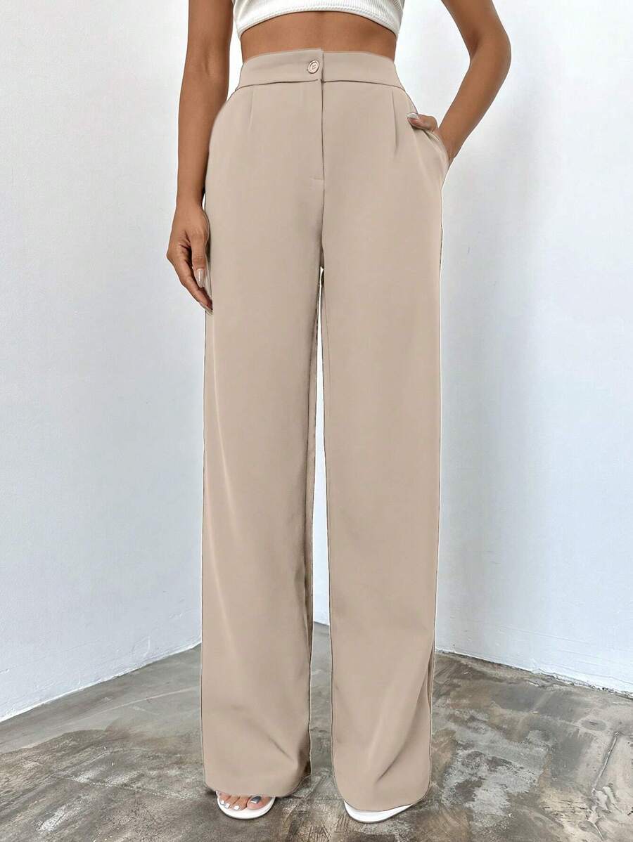EURMUSE High Waisted Slanted Pocket Suit Pants - Beige - View 1