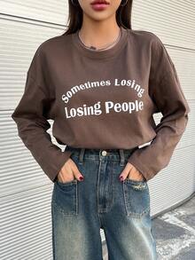 DAZY Đồ họa Khẩu hiệu Áo thun Thả vai - Màu be - Xem 3