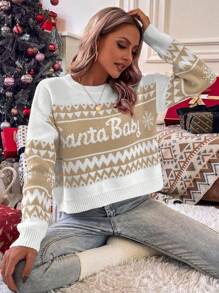 SHEIN Essnce Địa lý & Mẫu chữ Thả vai Áo len - Màu Khaki - Xem 6