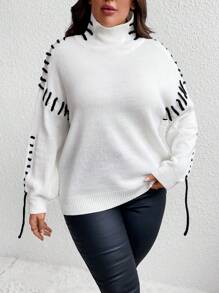 SHEIN Unity Suéter de cuello alto, hombros caídos y cordón lateral de talla grande, suéter de punto para otoño e invierno - Multicolor - Ver 6