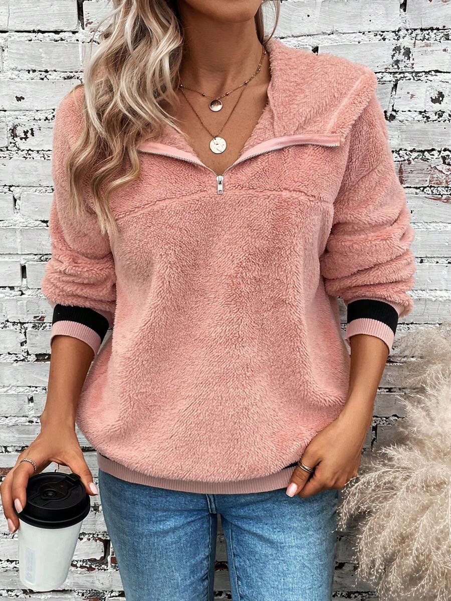 SHEIN LUNE Một nửa khóa kéo Teddy Áo nỉ - Hồng - Xem 1