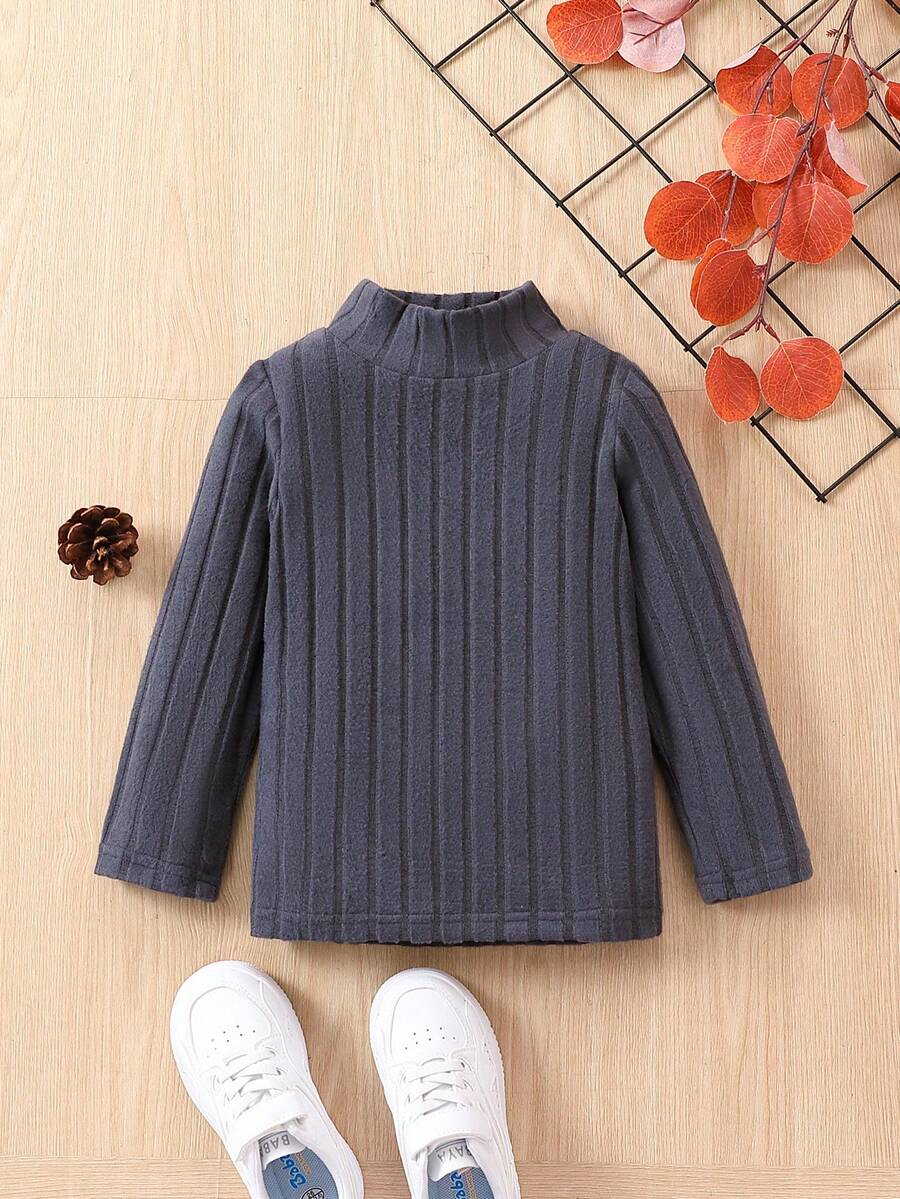 SHEIN Young Boy Mock Neck Ribbed Knit Tee - Dark Grey - View 1