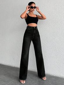 SHEIN بنطلون جينز نسائي بخصر عالي وساق مستقيمة بأسلوب كاجوال مع أزرار أمامية، مقاس طويل، لون أسود، للاستخدام اليومي والعمل في فصل الخريف - الأسود - مشاهدة 5