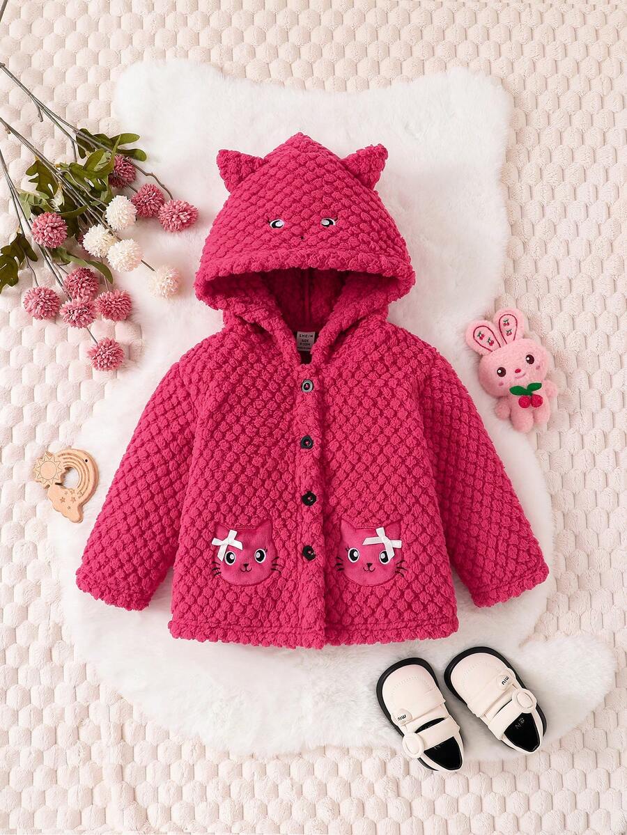 Đứa bé gái Thêu Hoạt hình Thiết kế tai 3D Áo trùm đầu - Màu Hồng Tươi - Xem 1