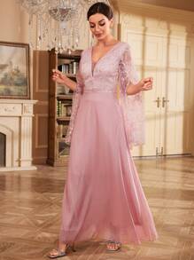 SHEIN Belle 蕾絲拼接開衩袖網紗正式洋裝 - 粉色 - 查看 5