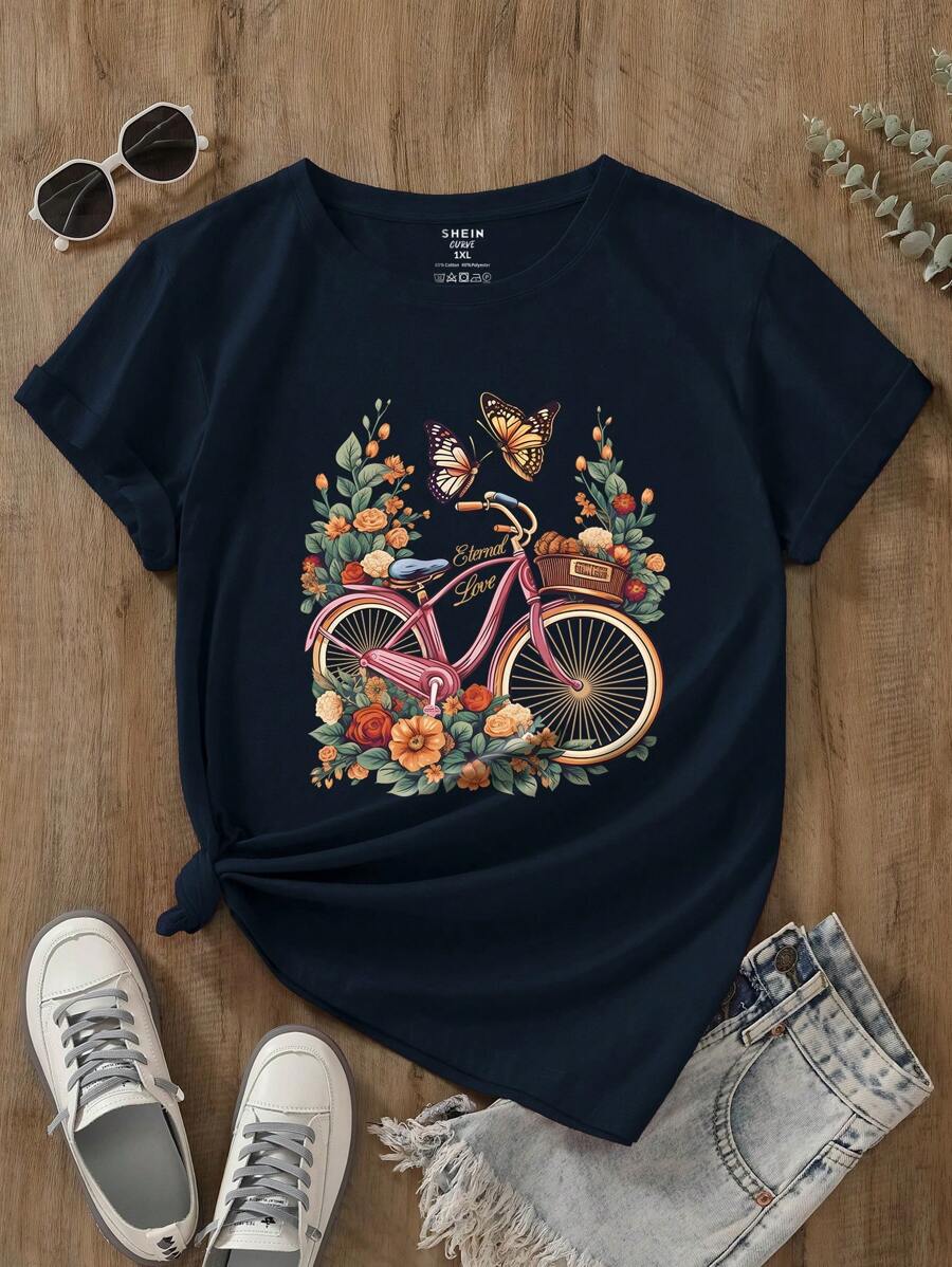 INAWLY Plus Floral And Bike Print Tee Women Graphic Tee Top For Summer - Navy Blue - View 1