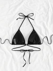 Black Halter Thin Strap Bikini Top With Rhinestones - Black - View 2