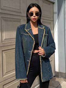 DAZY Raw Trimmed Lapel Neck Denim Coat,Jeans Jacket,Fall Women Clothes - Dark Wash - View 11