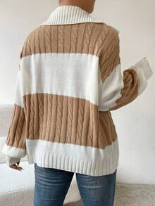 SHEIN Essnce Two Tone Cable Knit Drop Shoulder Sweater - Khaki - View 2