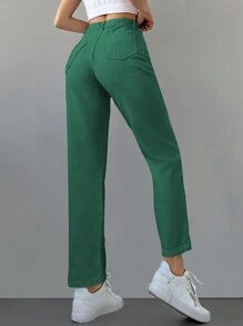 Cottnline Zipper Fly Cropped Jeans - Green - View 2