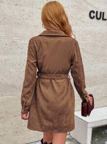 LanaWest 翻蓋細節腰帶燈芯絨襯衫洋裝 - 咖啡 - 查看 2