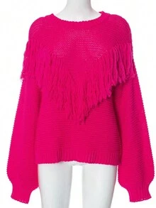 Elegant Pink Fringe Trim Drop Shoulder Fall Sweater - Hot Pink - View 3
