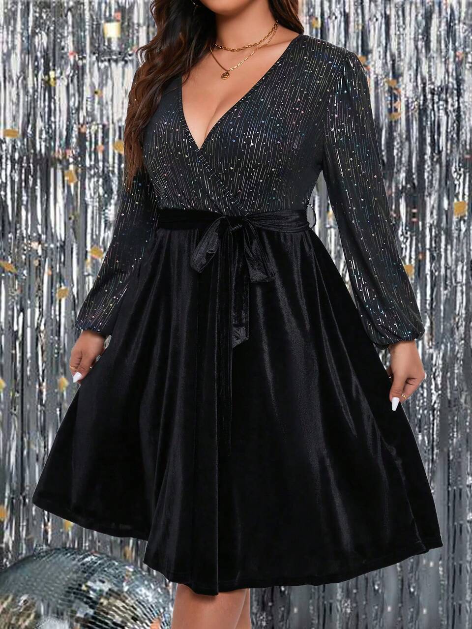 Plus Surplice Neck Lantern Sleeve Belted Velvet Dress