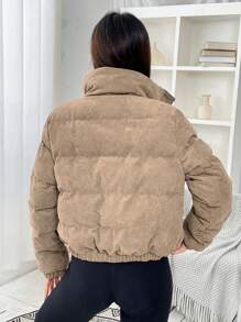 SHEIN EZwear Snap Button Corduroy Padded Coat In Fall/Winter - Khaki - View 2