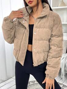 SHEIN EZwear Snap Button Corduroy Padded Coat In Fall/Winter - Khaki - View 5