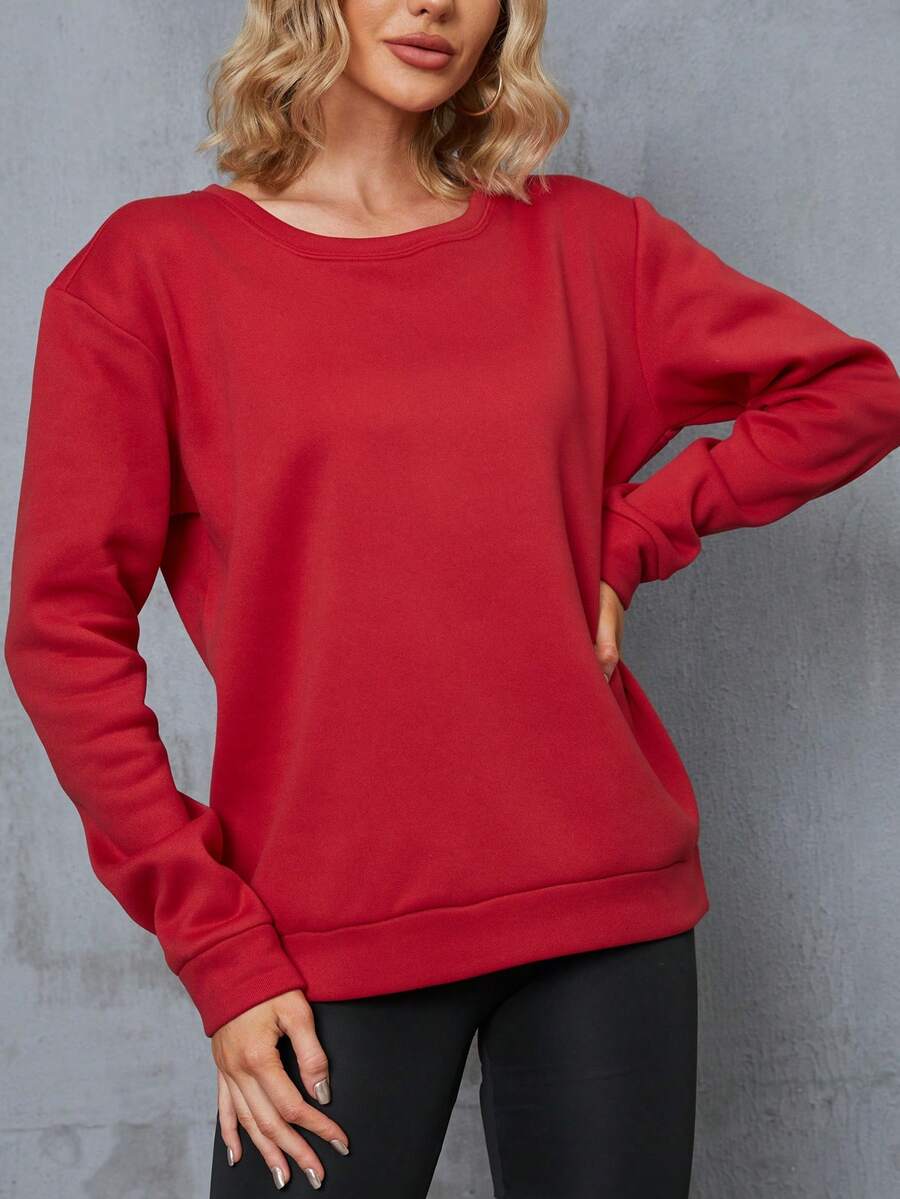 SHEIN LUNE 素色落肩袖運動衫 - 紅色 - 查看 1