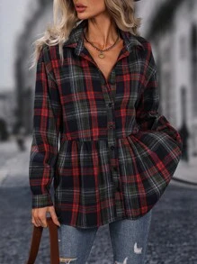 SHEIN LUNE 女式翻領格紋落肩長袖襯衫(荷葉邊下擺) - 彩色 - 查看 1