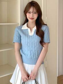 DAZY Contrast Collar Cable Knit Top - Blue - View 7