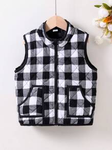 SHEIN Young Girl Plaid Printed Zip-Up Vest Padded Coat