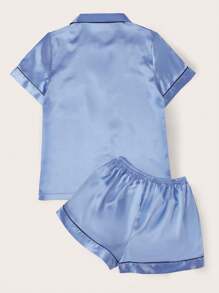 LuxeNights Contrast Binding Satin PJ Set / Pajama Set - Baby Blue - View 2
