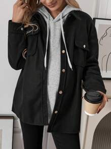 SHEIN Maternity Drop Shoulder Flap Pocket Button Front Coat - Black - View 4