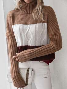 SHEIN LUNE Áo len cổ cao phối màu, vai rớt, dệt kim kiểu cáp, thích hợp cho mùa thu đông. - Nhiều màu - Xem 6